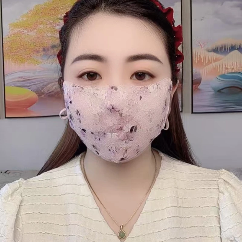 （印花款）新款时尚百搭蕾丝亮片透气水洗防风防紫外线印花防晒口罩