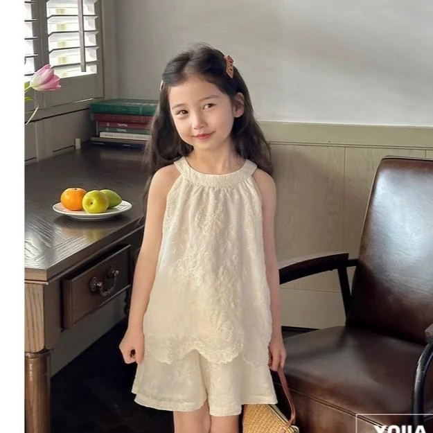 女童夏季套装2025新款洋气潮款童装夏装吊带短裤蕾丝两件套X2568