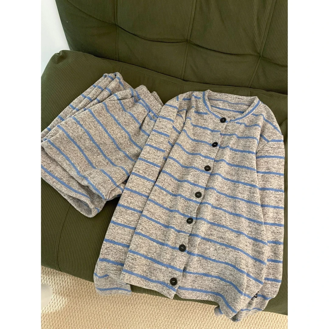 韩版条纹德绒长袖睡衣女秋冬款高级感网红加厚保暖家居服大码套装