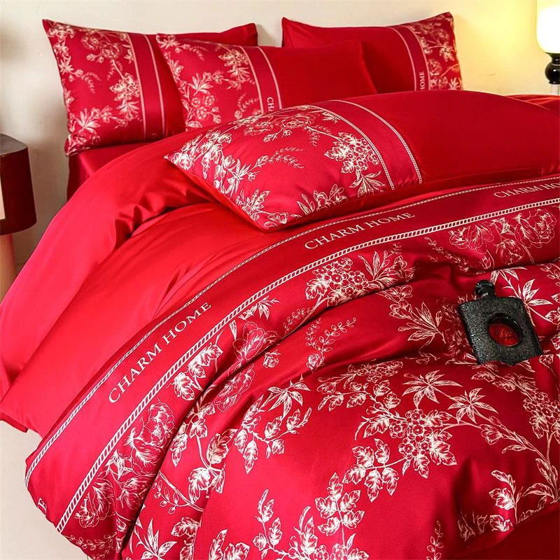 夏季结婚冰丝四件套裸睡双面丝滑床单被罩大红婚庆床上用品七件套