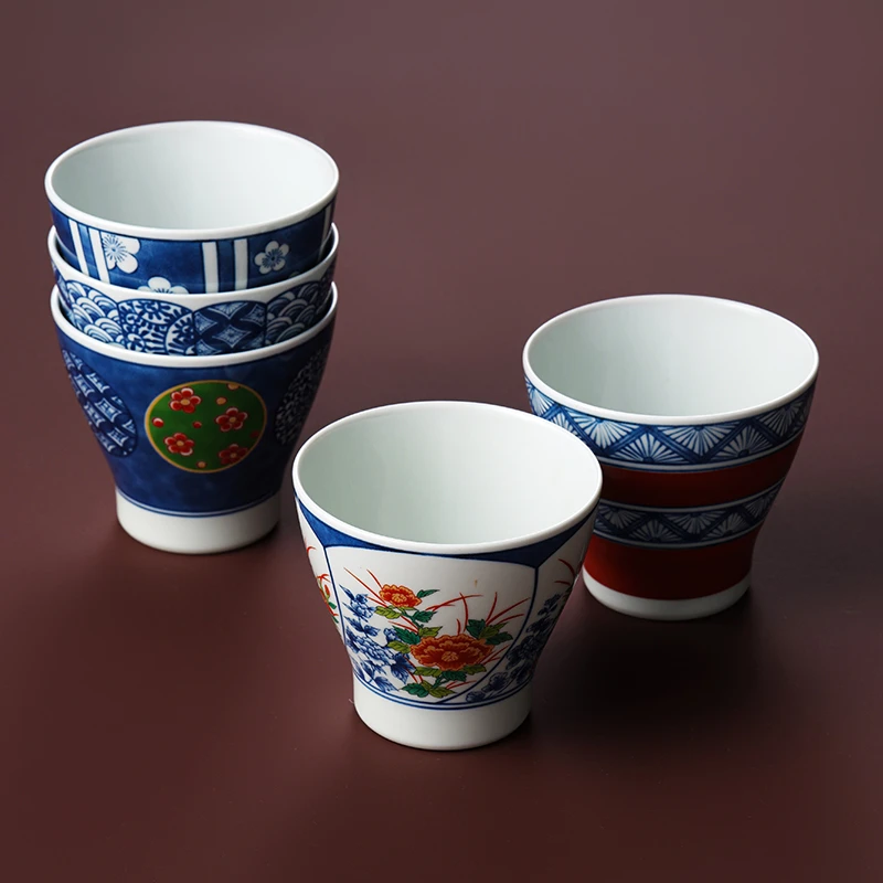 波佐见烧 染锦手握杯斗笠杯高足杯5件套