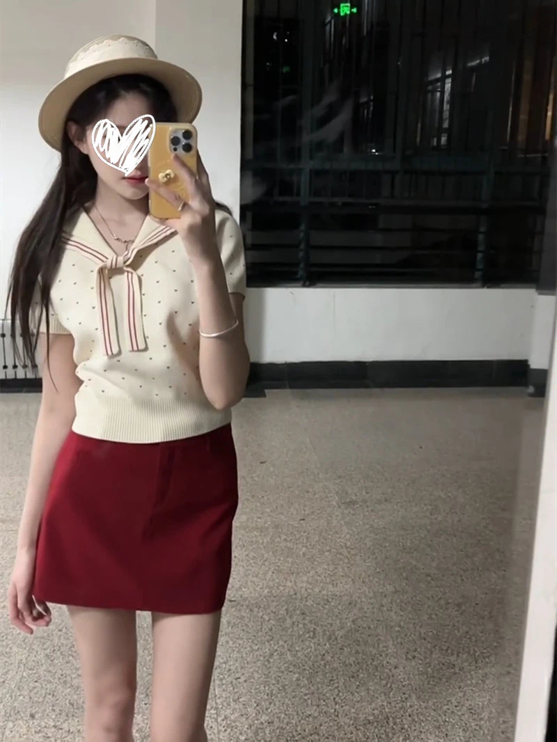 海军领短袖针织衫女夏季新款设计感百搭波点减龄别致洋气甜美上衣