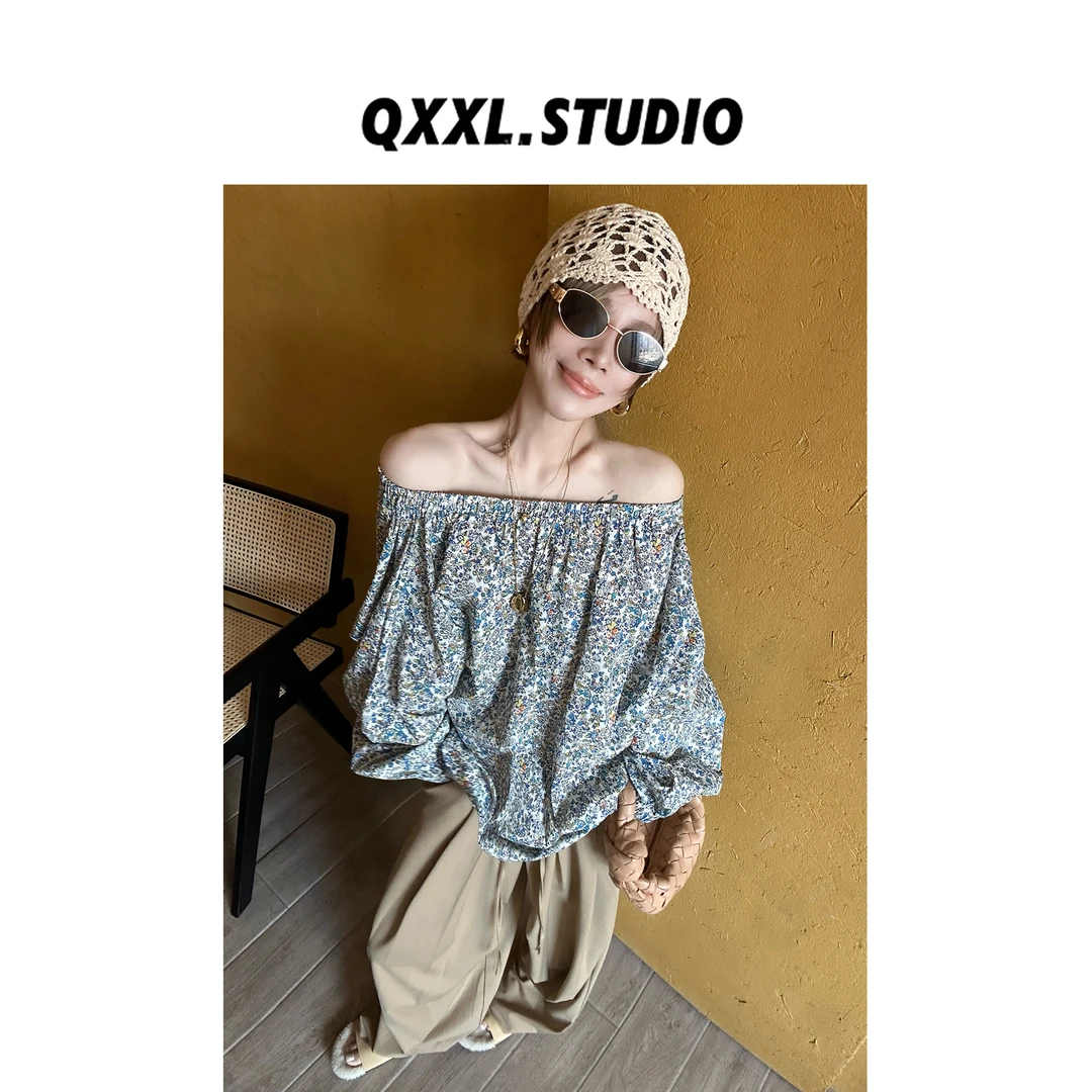 邱小小丽呀 早秋款斜肩碎花长袖衬衫女百搭露肩时髦宽松薄款上衣