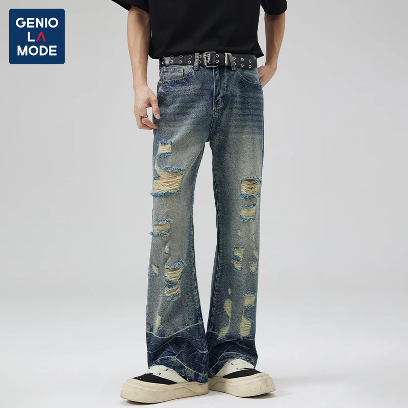 GENIO LAMODE美式高街破洞牛仔裤夏季男水洗做旧宽松休闲直筒裤子