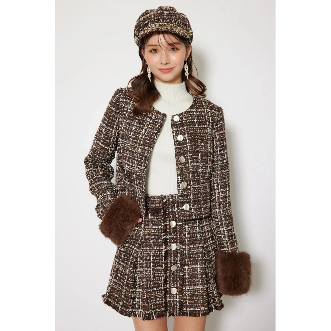 【MonTendre】R 秋季新款 2Way 时尚粗花呢短夹克原创图案设计外套