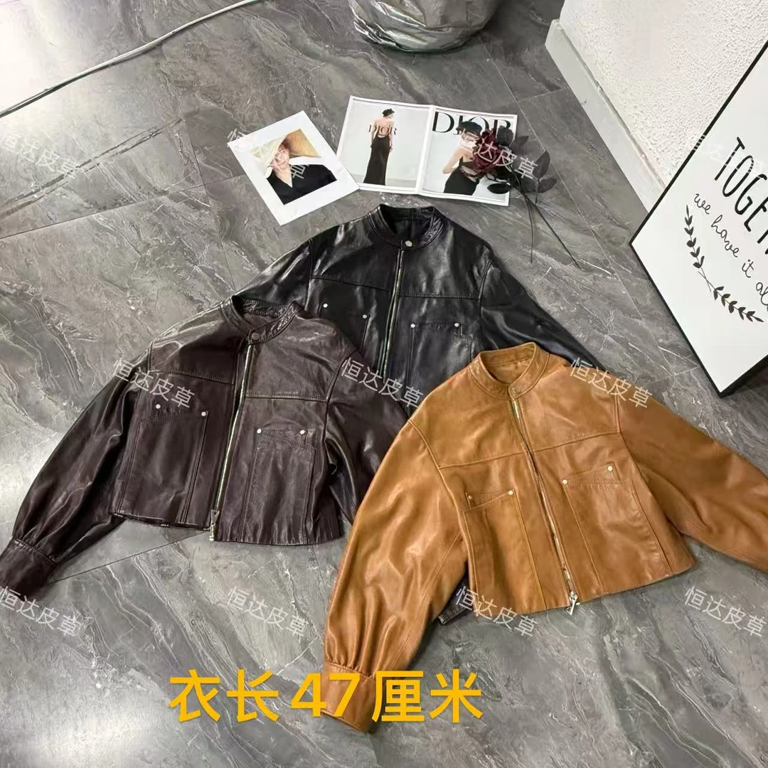 【海洋】新款油蜡皮皮衣女短款绵羊皮立领夹克长袖外套