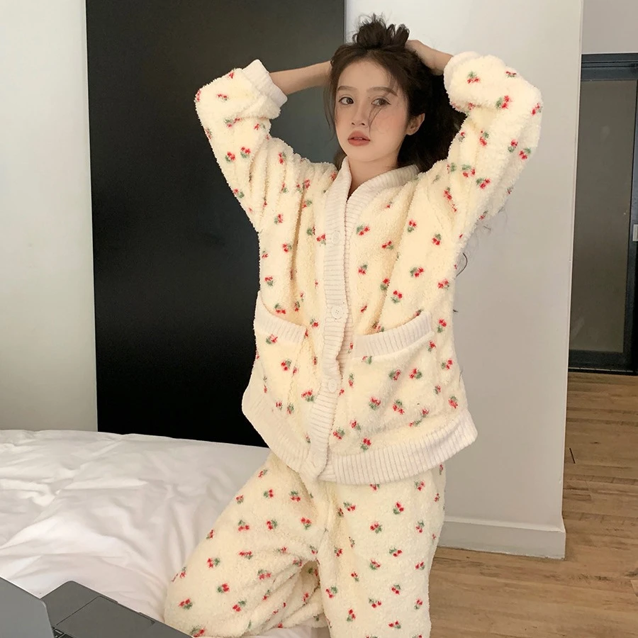 笺衣可爱珊瑚绒睡衣女冬季加绒加厚冬款米粒绒家居服套装