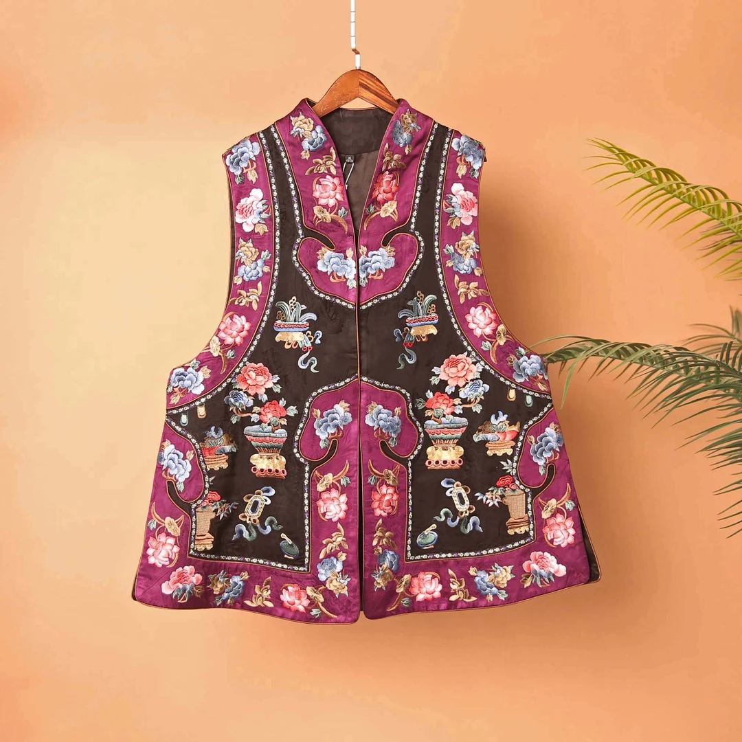 25207素女馆新款前后满绣如意对襟马甲