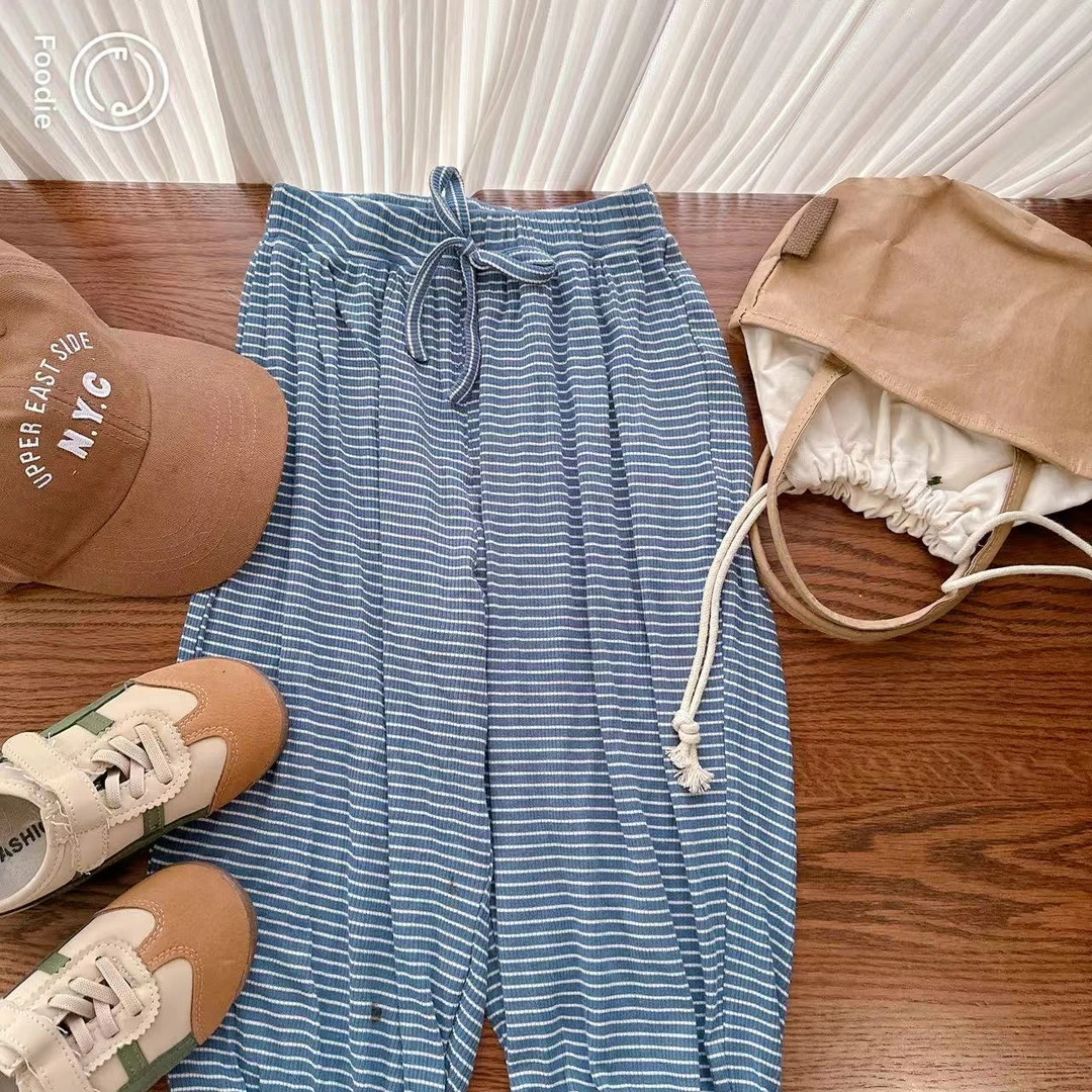 【JMJQ 25719】夏季中小童清新花纱高弹抖抖条纹长裤防蚊清凉束脚裤
