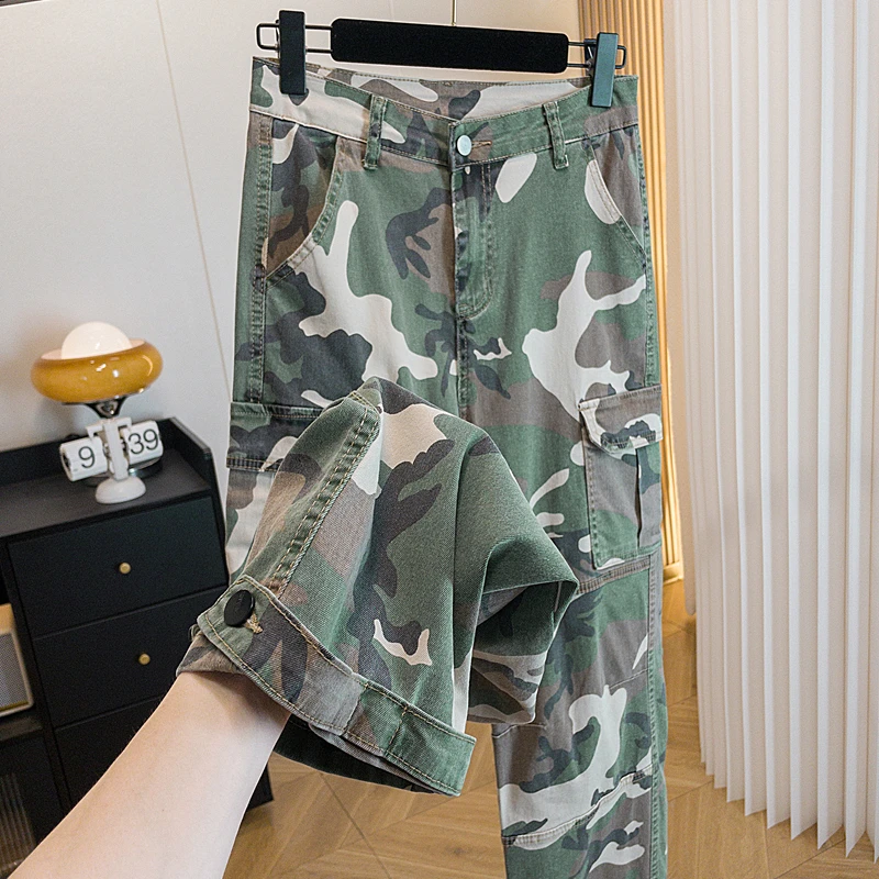 秋季新款梨形百搭显高修身阔腿长裤25年流行爆款迷彩工装牛仔裤子