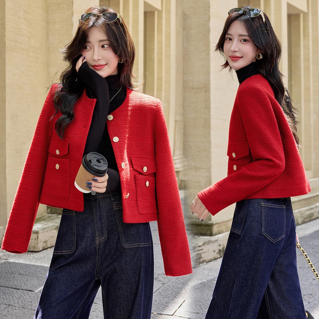 设计感圆领小香风粗花呢短款外套女2025秋季新款洋气显瘦夹克上衣