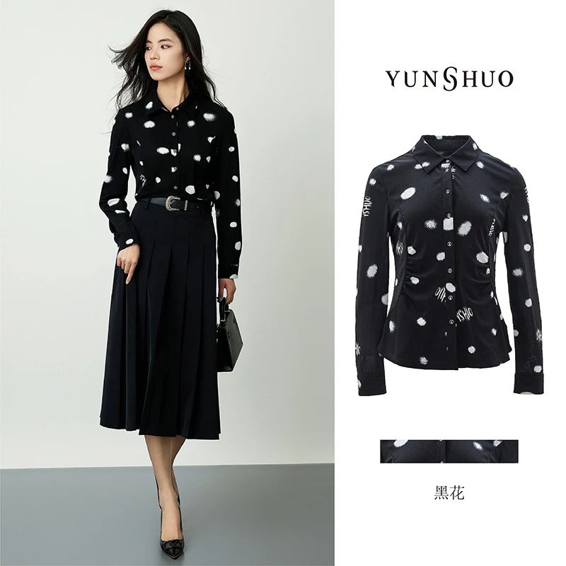 允硕春秋季新款时尚女装百搭印花显瘦黑色简约气质衬衣上衣339754