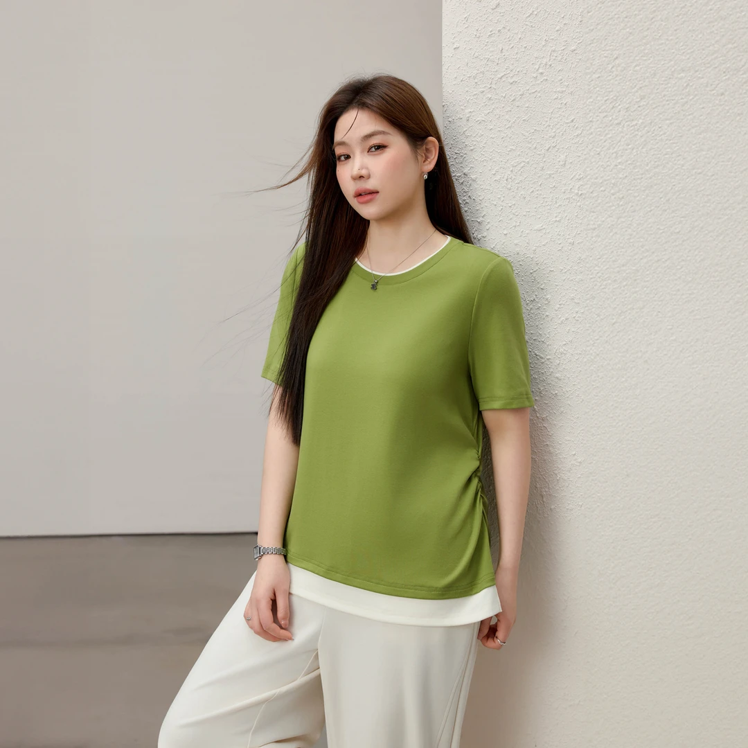 【简约时尚】纤莉秀E别致时尚拼接下摆设计感百搭T恤QK1402