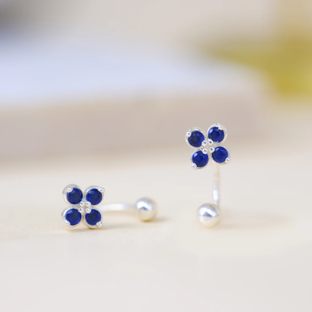 足银合成锆石耳饰 S999纯银蓝色四叶草C型耳钉 气质两戴款耳饰