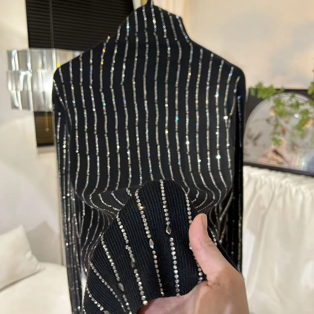 【竖条纹】气质烫钻秋冬打底衫长袖羊毛衫