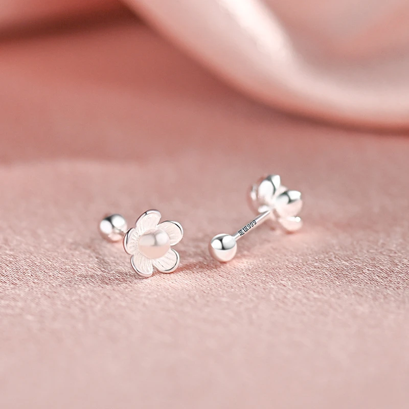足银耳饰 简约S999银耳钉女花朵时尚通勤耳骨钉睡觉免摘拧螺丝