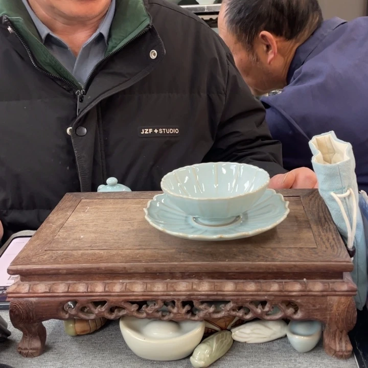 摆件天青釉新款莲花盏拖杯一套