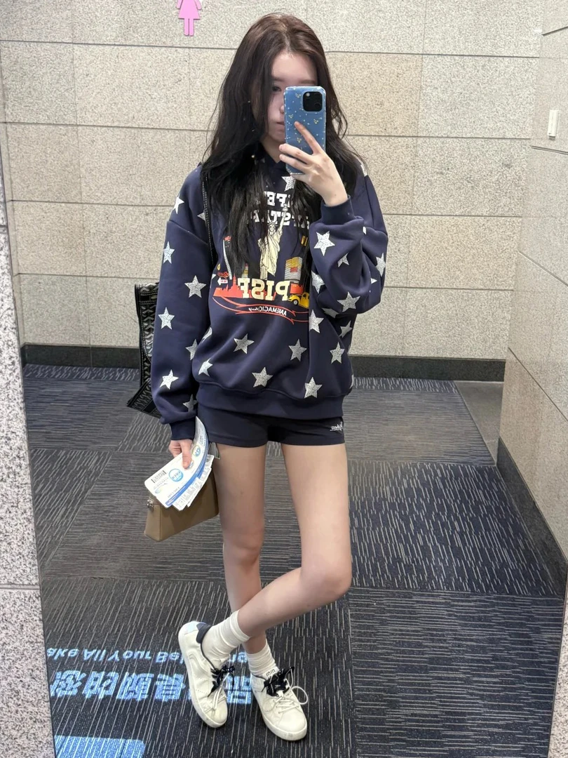 国潮新款美式宽松星星印花连帽加绒卫衣女2025爆款超好看休闲外套