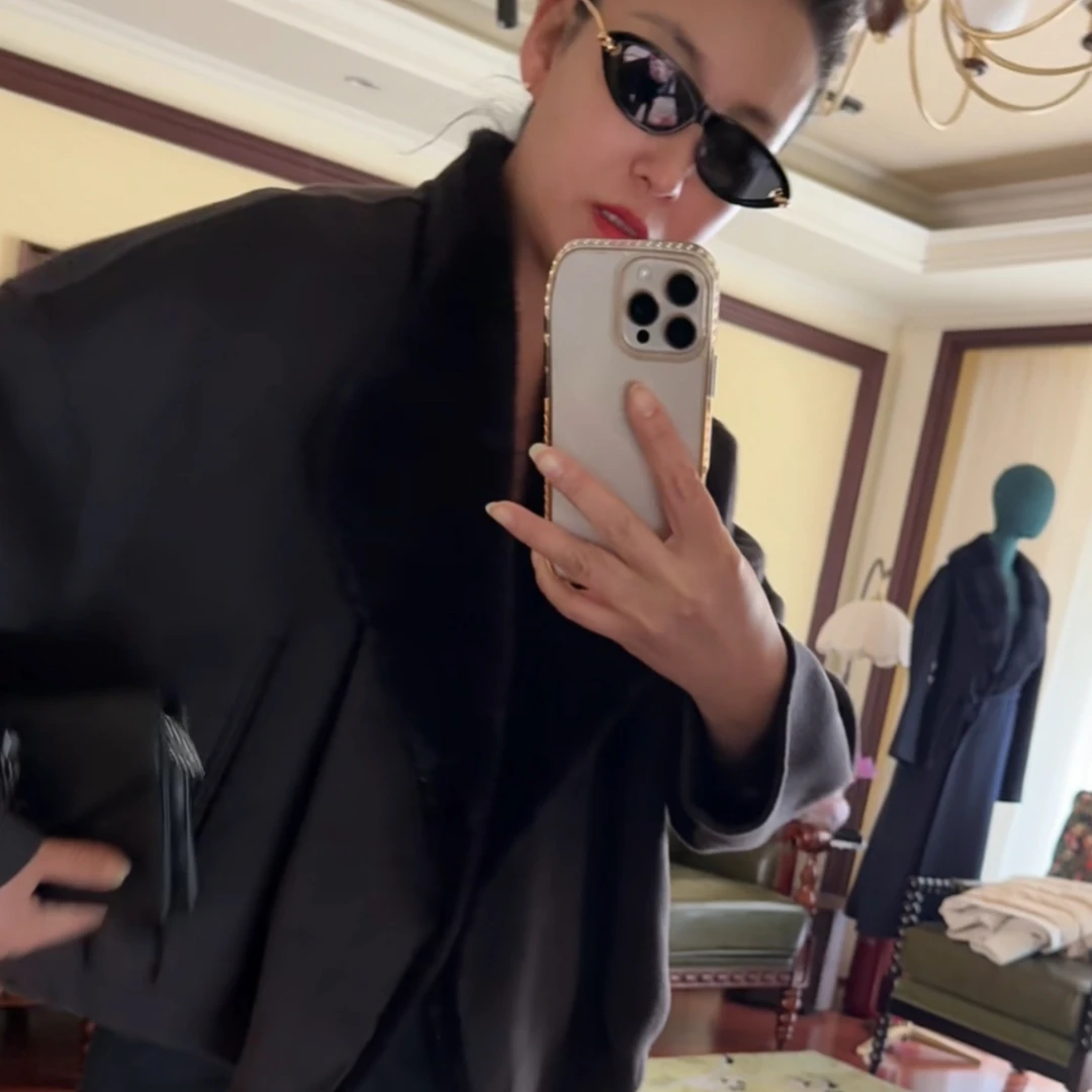 【肖丽丹】新款高定双面拼接水貂领羊绒澳毛混纺长款气质