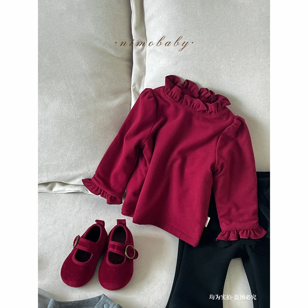 NIMO【波尔多-加绒】韩版秋款纯色花边领百搭时尚公主打底长袖