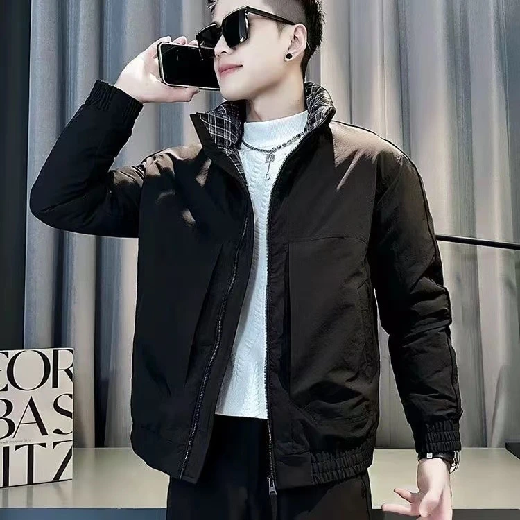 高级感黑色立领格子拼接撞色棉衣外套男士冬季加厚保暖短款棉服男