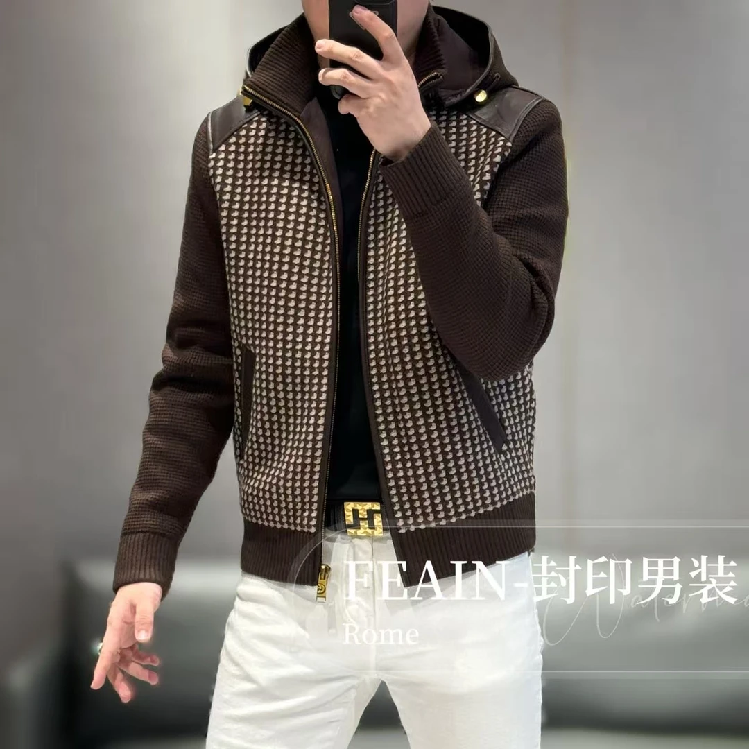 高端男士立体粗针织提花进口羊皮拼接帽子可拆卸加棉夹克8012