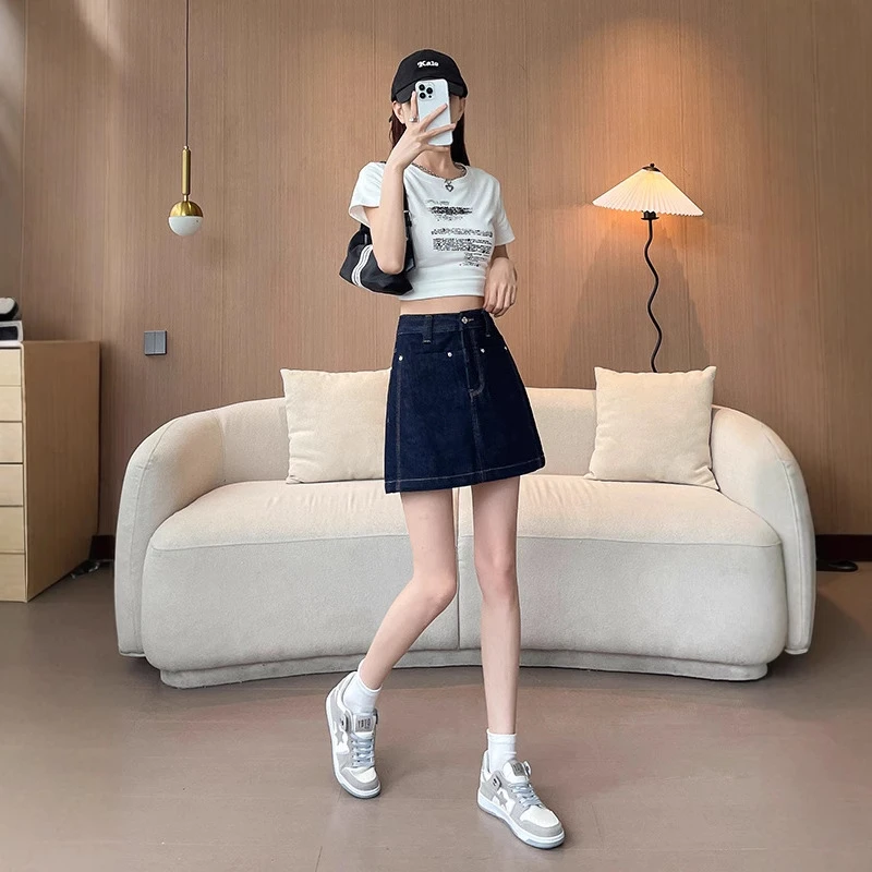 2297高腰牛仔短裙女夏季薄款直筒百搭显瘦小个子a字辣妹半身短裙