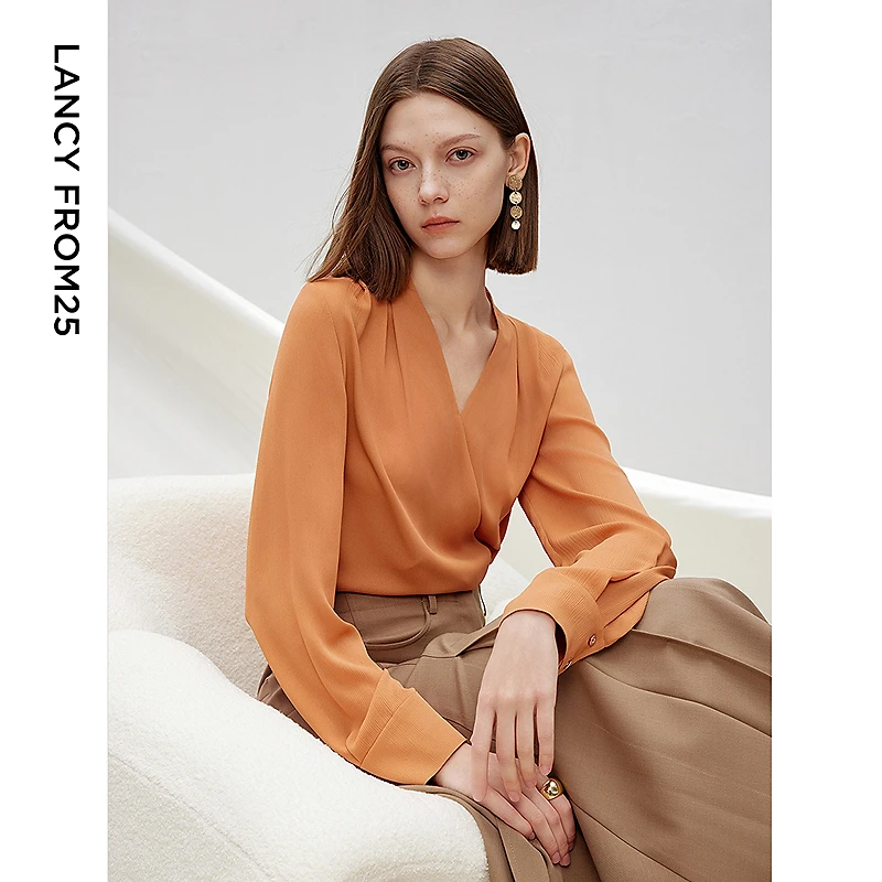朗姿法式复古修身高级感长袖v领设计感衬衫上衣女25年春季欧若风