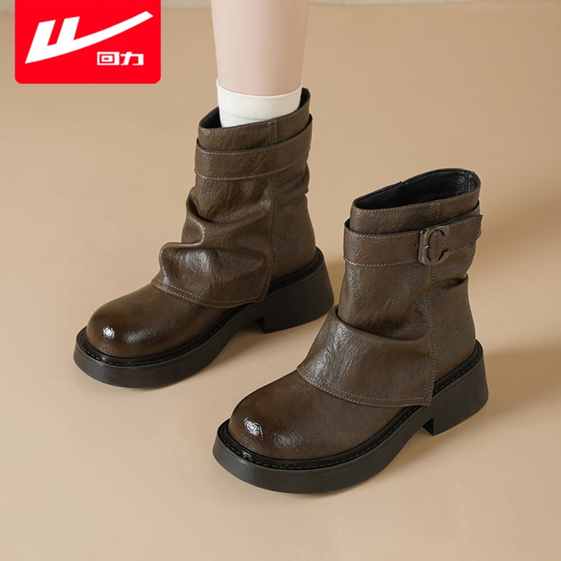 回力马丁靴女2026秋冬季新款棕色复古美拉德厚底堆堆靴子裤管短靴