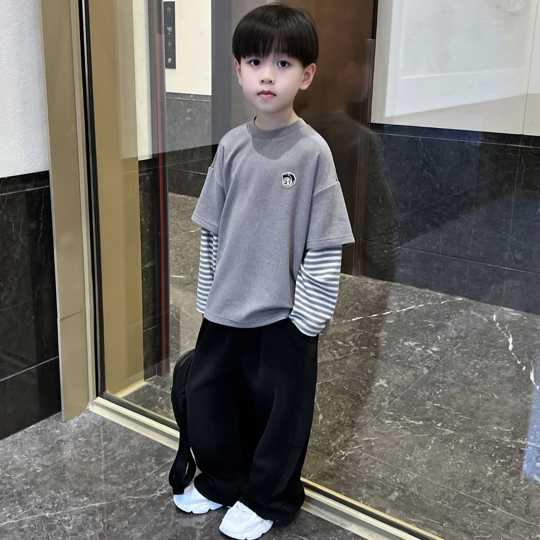 男童秋装假两件休闲卫衣2025新款中大童韩版洋气拼接长袖T恤童装