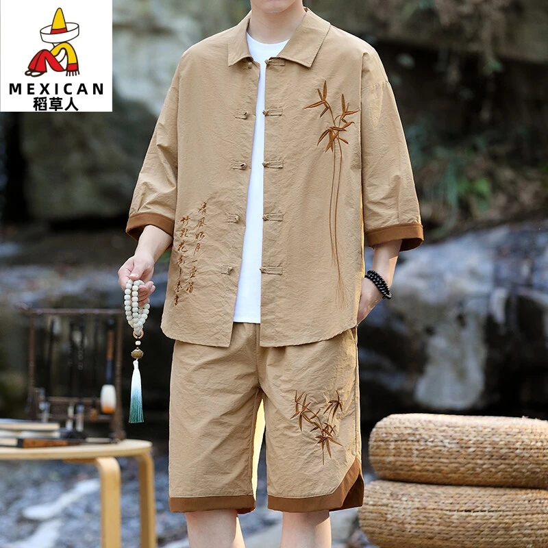 稻草人新中式国风男士装夏季翻领竹叶刺唐装男款爆款2025新款汉服