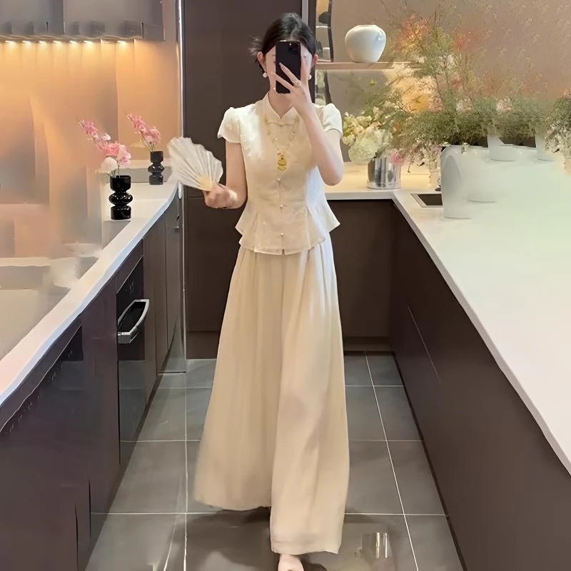 2025夏季穿搭一整套新中式国风盘扣汉服衬衫上衣高腰阔腿裤套装女