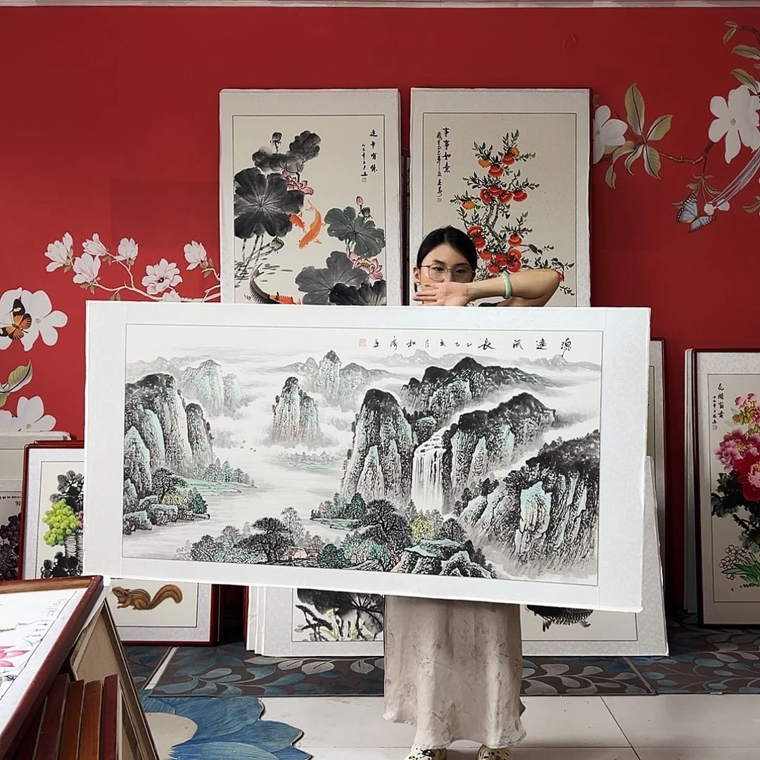 国画手写手绘国画作品带框包邮82✖️162