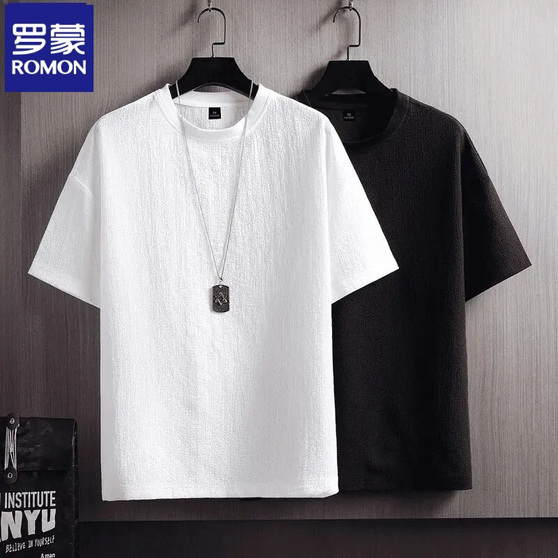 Romon/罗蒙冰丝短袖T恤男士夏季凉感半袖宽松青年简约潮流透气恤