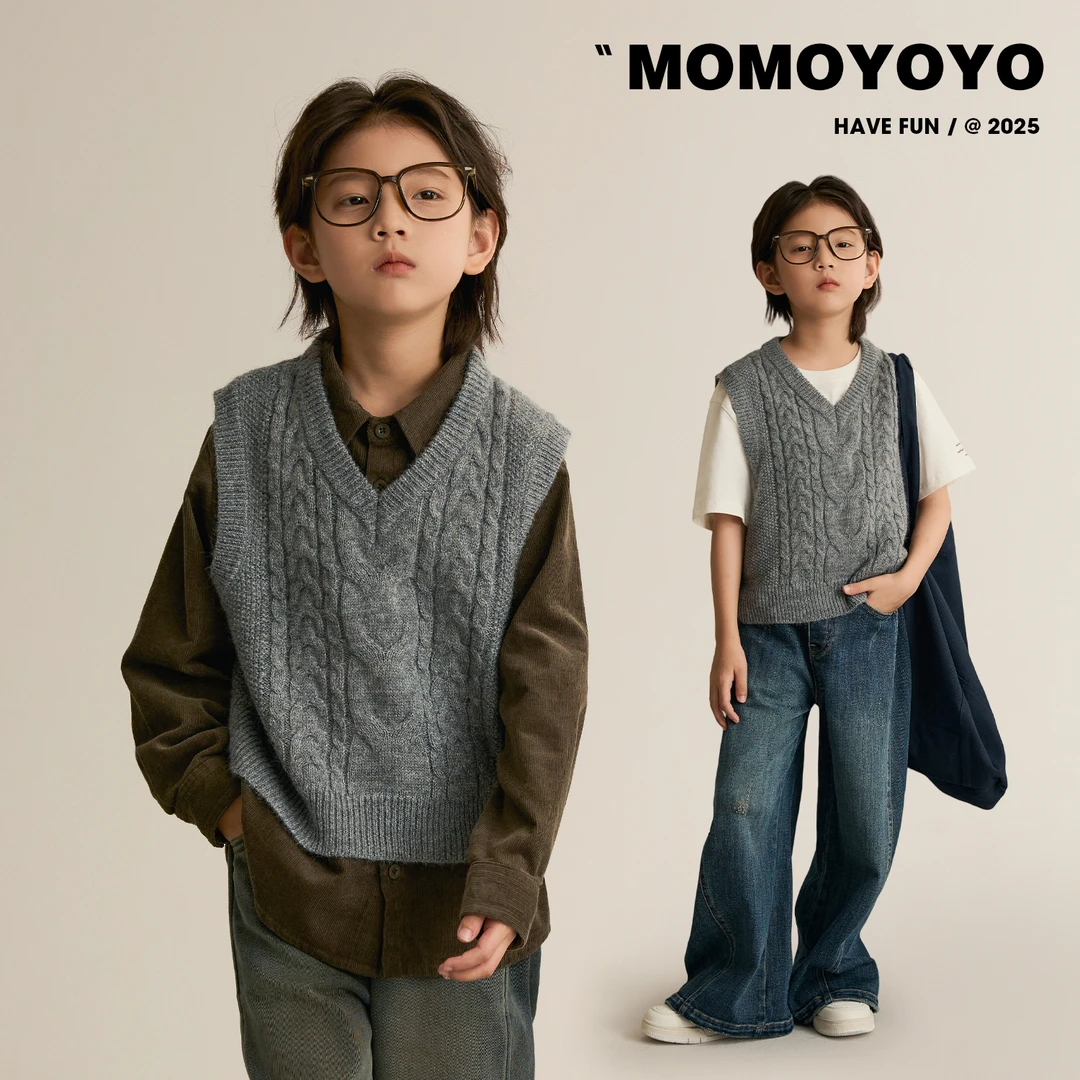 辰辰妈【灰调】女童秋装百搭气质V领坎肩亲子装针织马甲8596D