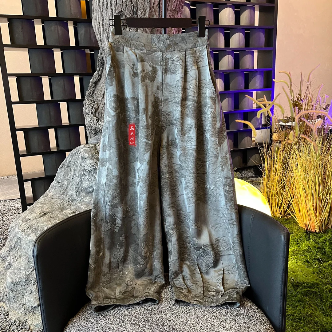 【石青】春季新中式阔腿灯笼裤女宽松长裤国风提花裤子女款