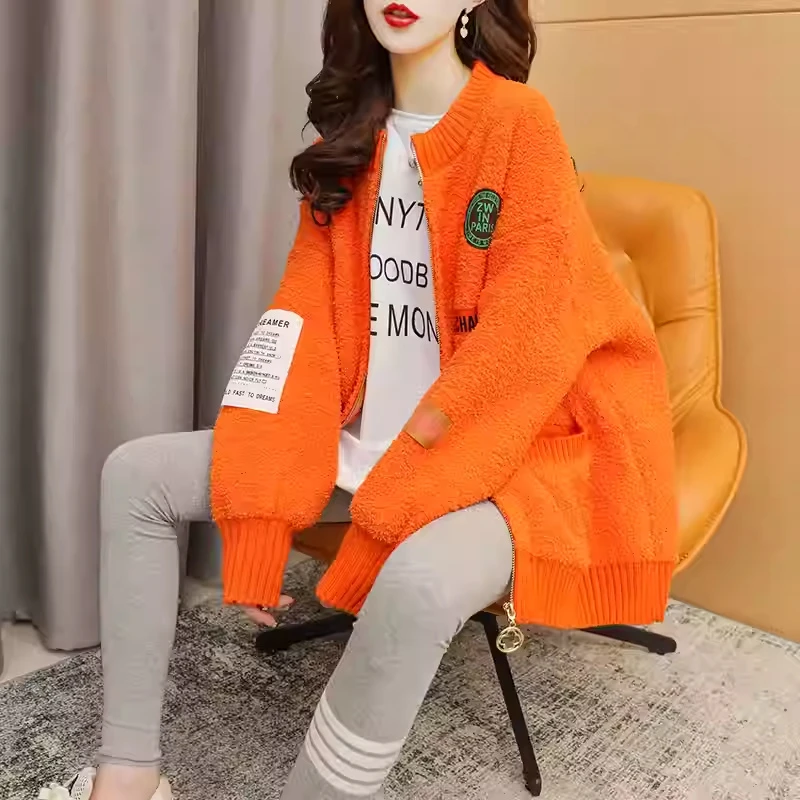 女毛衣开衫棒球服外套2024秋冬新款宽松慵懒风毛衣加厚针织上衣