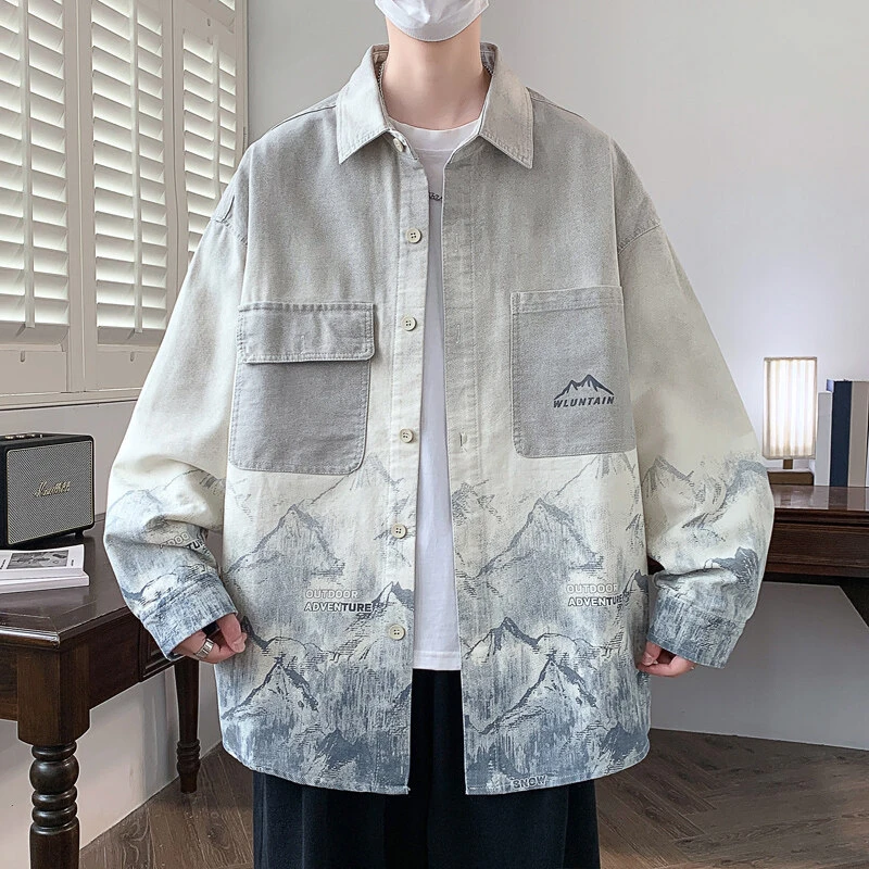 复古春季新款潮流长袖衬衫外套潮牌百搭美式休闲宽松男士帅气ins