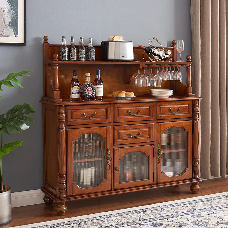 靠墙美式实木餐边柜酒柜客厅茶水柜复古置物柜餐边柜靠墙一体柜