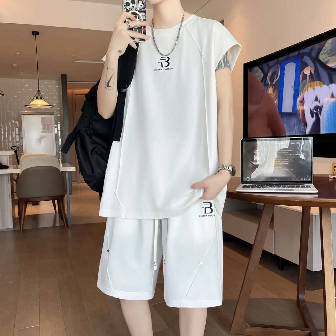无袖背心套装男夏季薄款透气凉爽宽松篮球衣套装无袖短裤一套搭配