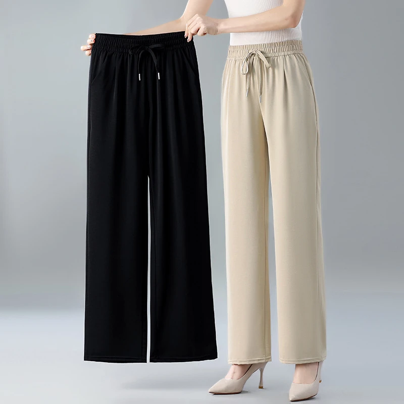 妈妈裤子2025夏装新款冰丝百搭外穿直筒裤中老年女士松紧腰阔腿裤