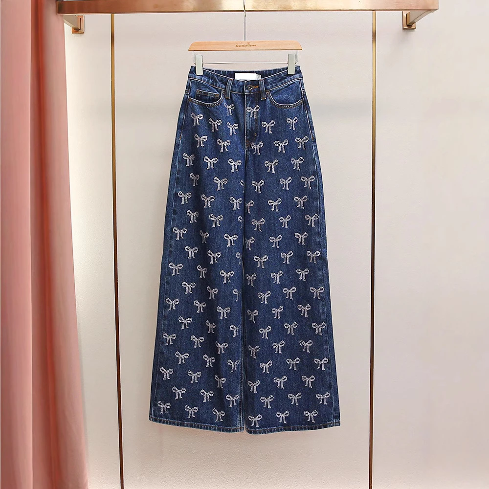 SP家春季新款复古气质休闲阔腿牛仔裤宽松高腰水洗直筒裤阔腿裤女