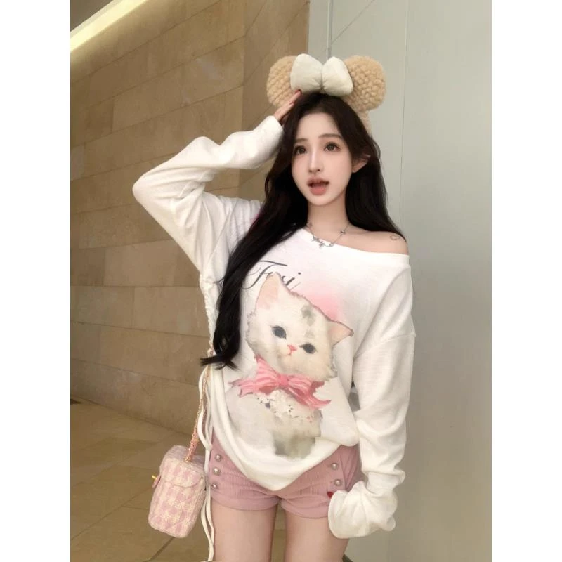 鹿鹿~少女慵懒风韩版套头设计感网红甜美宽松秋季卡通长袖T恤