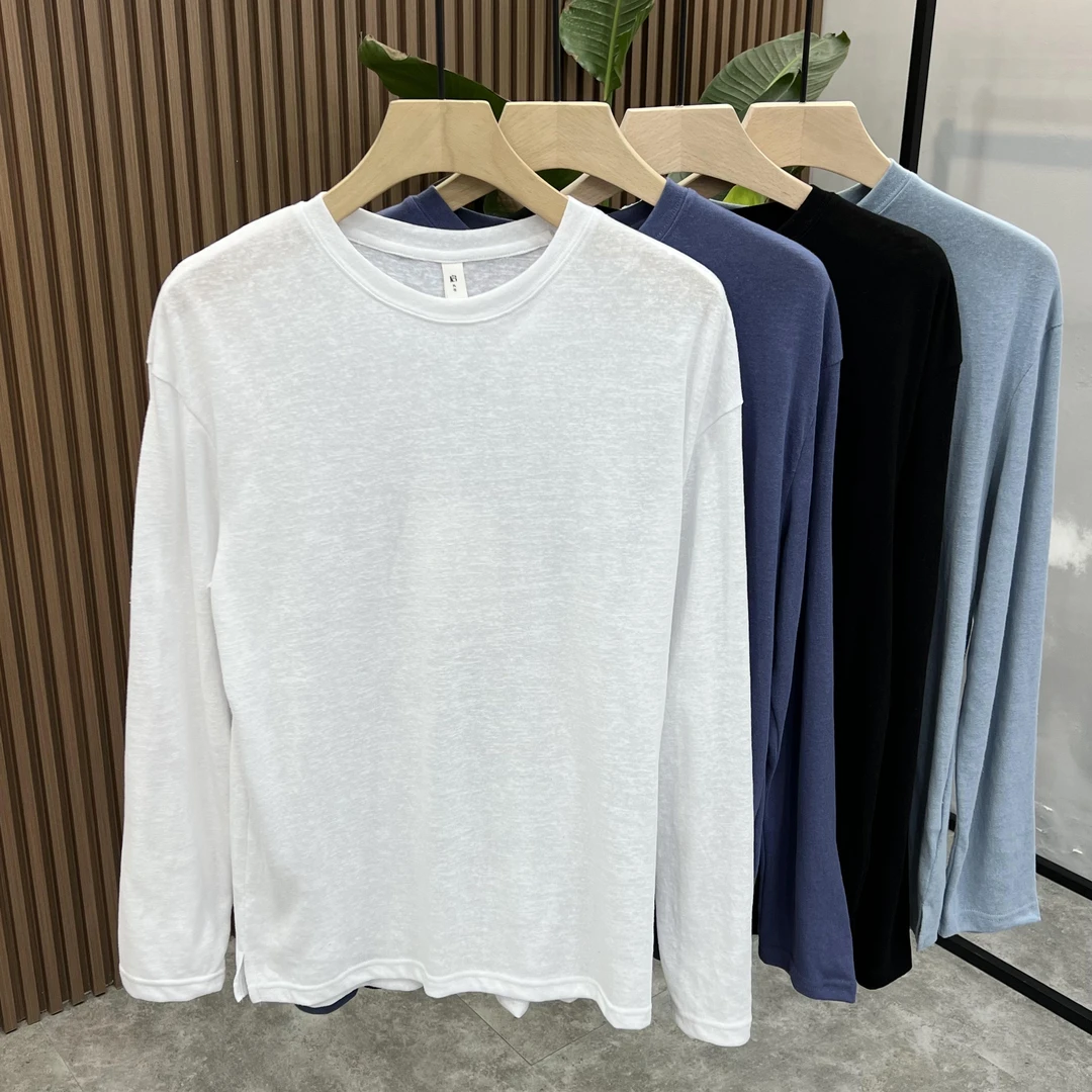 圆领夏季轻薄款舒适透气男士长袖上衣帅气修身韩版亲肤居家T恤衫