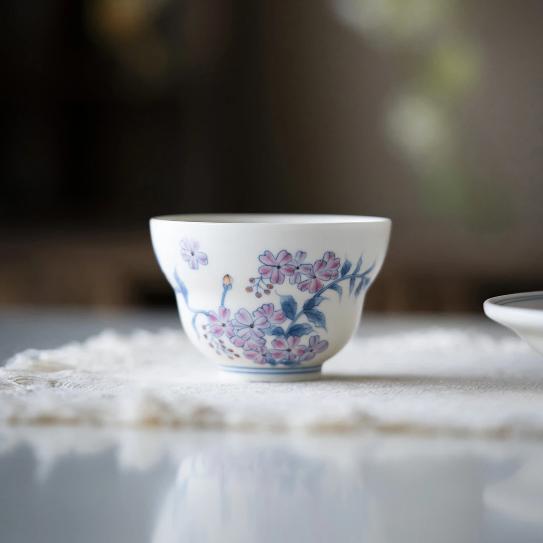 玉白泥白瓷斗彩手绘桃花福禄杯功夫茶具品茗杯家用陶瓷主人杯