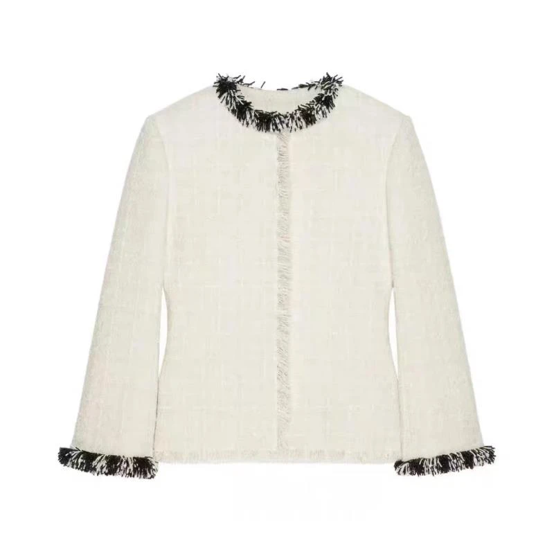 白色时尚气质轻奢长袖休闲法式优雅简约圆领毛呢短款外套0082