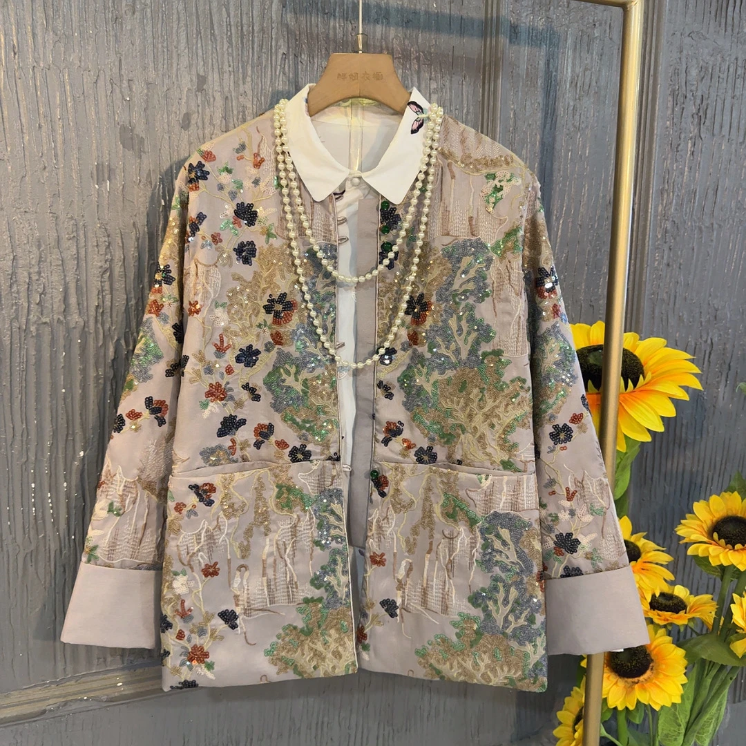 新中式老钱风重工亮片刺绣外套盘扣中国风提花民族风中式