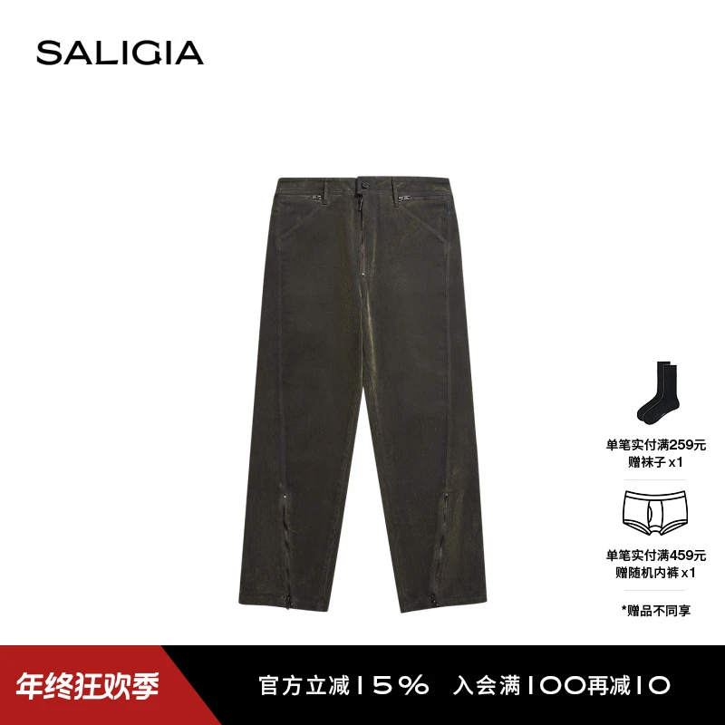 SALIGIA窥视者流光绒面棉织物真牛皮革徽标牛仔弯刀长裤