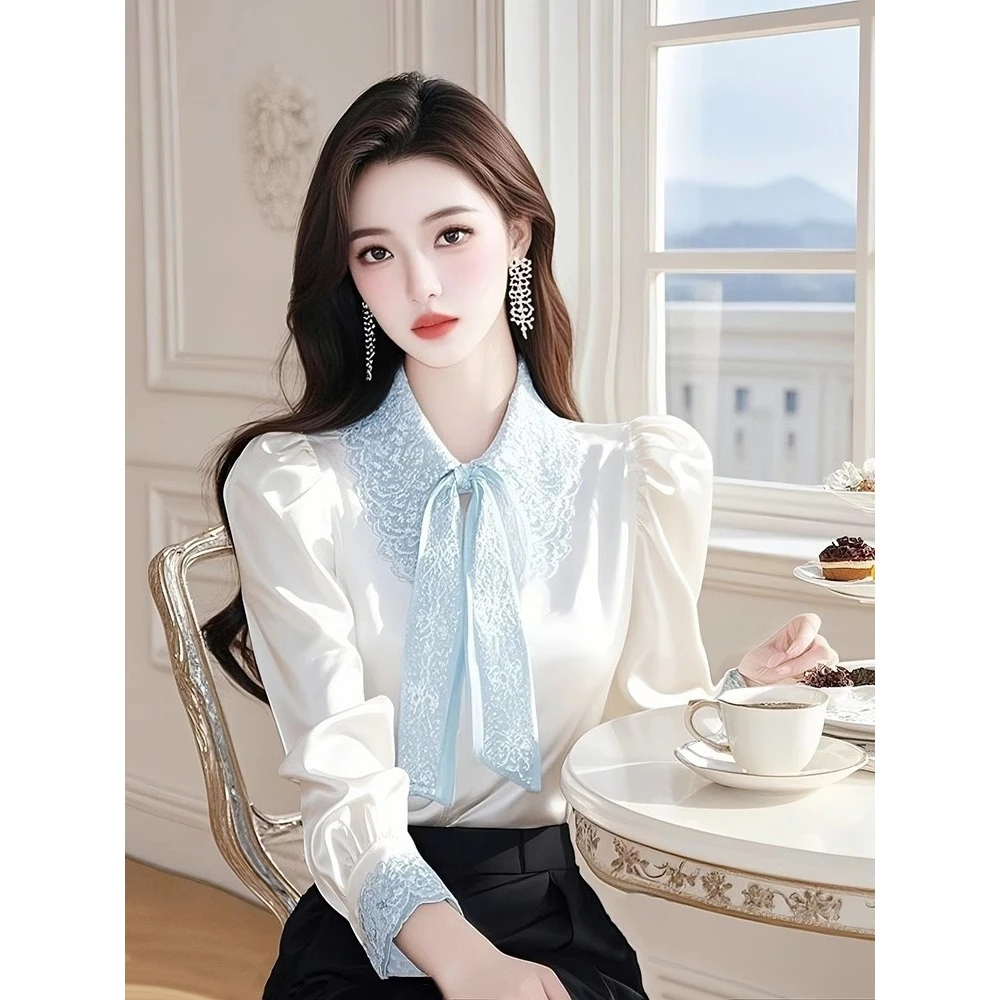2025年新款气质蕾丝翻领白色缎面衬衫女春阔太太洋气高贵上衣