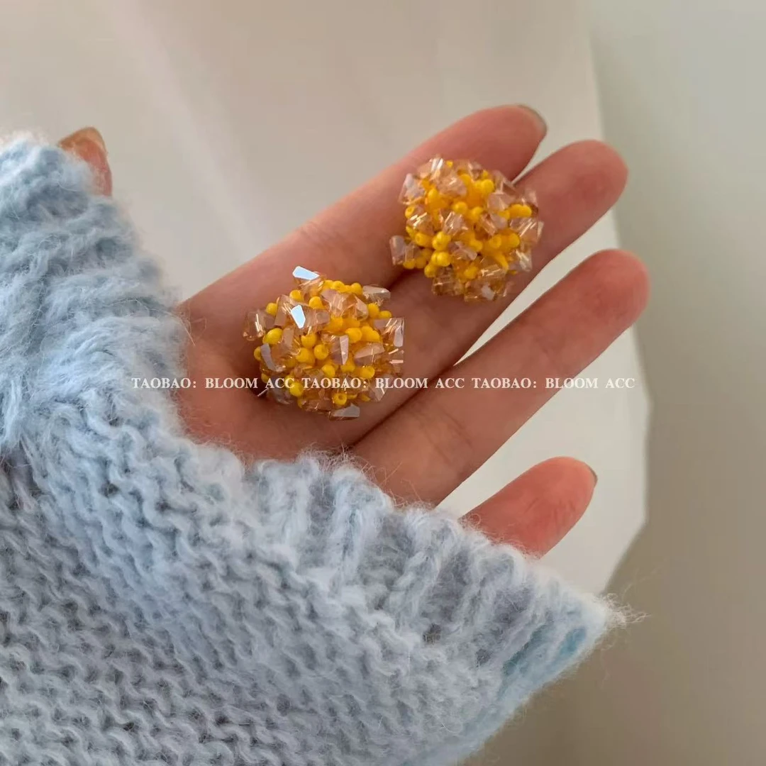 铜合金耳饰 橙色日落~氛围感彩色绣球串珠方圆脸显白 A009